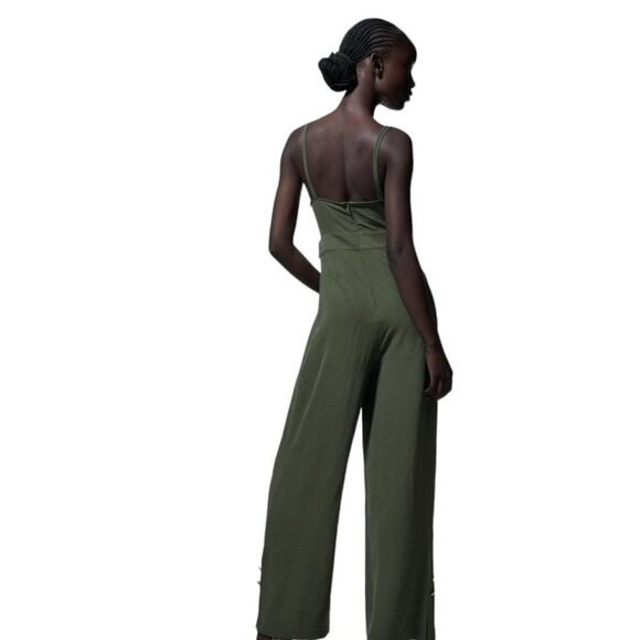 ZARA FULL LENGTH GOLD BUTTON JUMPSUIT KHAKI SIZE M | 4387/222 - Picture 4 of 4